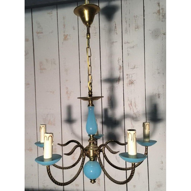 Small Blue Opaline and Brass Chandelier. Circa 1960