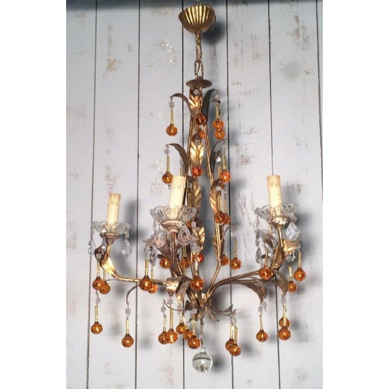 Gilt Chandelier with Amber Glass Drops. Circa 1940