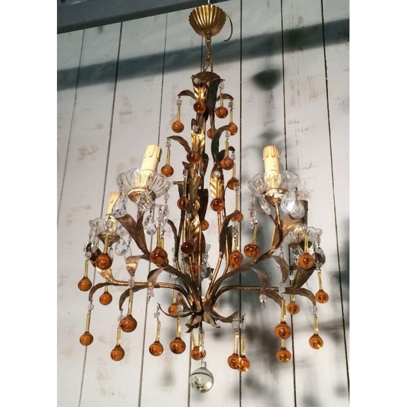Gilt Chandelier with Amber Glass Drops. Circa 1940