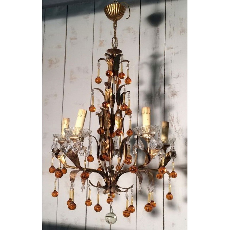 Gilt Chandelier with Amber Glass Drops. Circa 1940