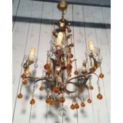 Gilt Chandelier with Amber Glass Drops. Circa 1940