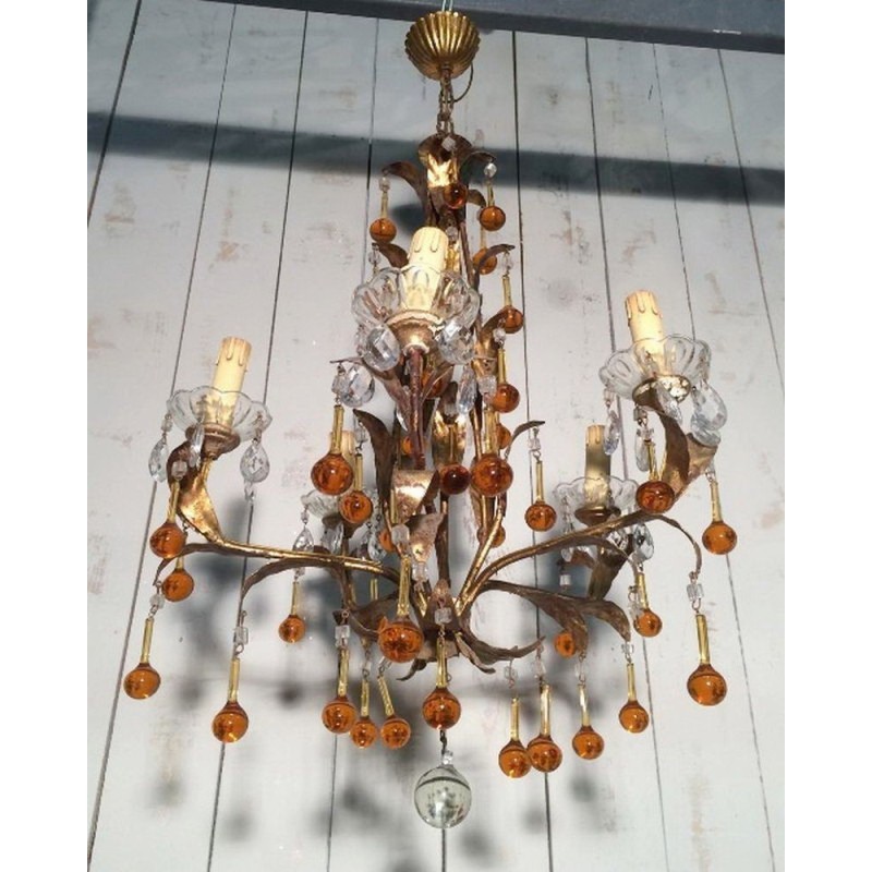 Gilt Chandelier with Amber Glass Drops. Circa 1940