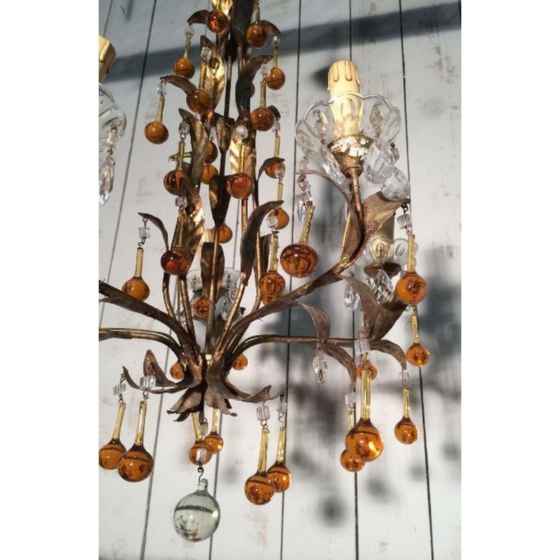 Gilt Chandelier with Amber Glass Drops. Circa 1940