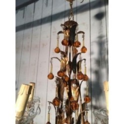 Gilt Chandelier with Amber Glass Drops. Circa 1940