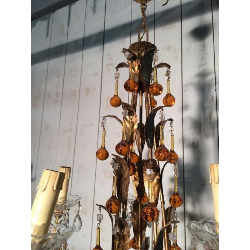 Gilt Chandelier with Amber Glass Drops. Circa 1940