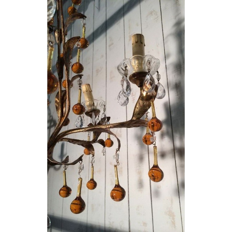 Gilt Chandelier with Amber Glass Drops. Circa 1940