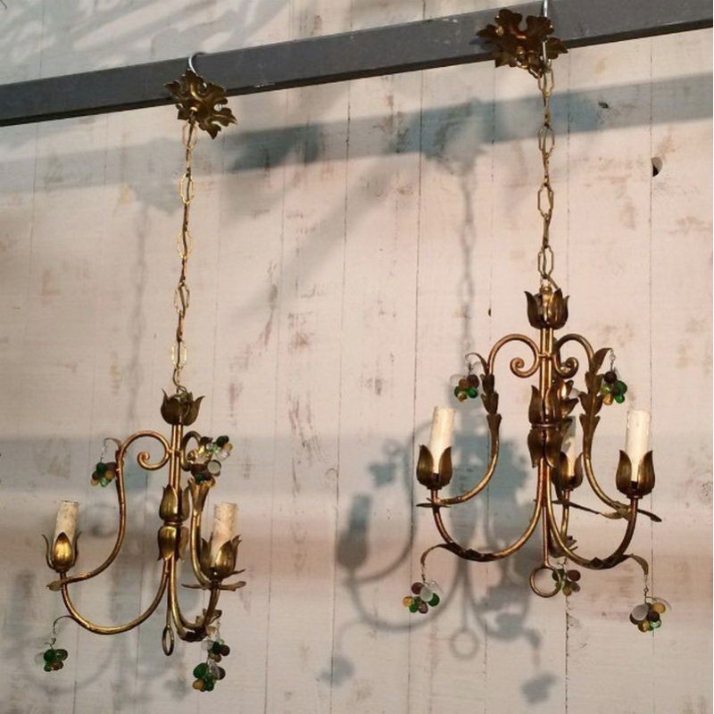 Pair of Gilt Chandeliers with Coloured Crystal Clusters. Circa 1960
