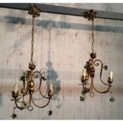 Pair of Gilt Chandeliers with Coloured Crystal Clusters. Circa 1960