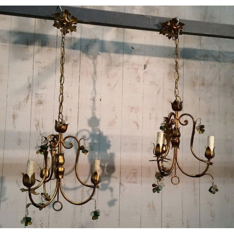 Pair of Gilt Chandeliers with Coloured Crystal Clusters. Circa 1960