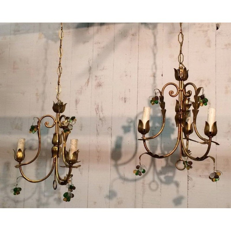 Pair of Gilt Chandeliers with Coloured Crystal Clusters. Circa 1960
