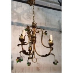 Pair of Gilt Chandeliers with Coloured Crystal Clusters. Circa 1960