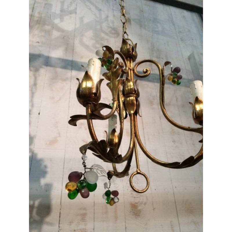 Pair of Gilt Chandeliers with Coloured Crystal Clusters. Circa 1960