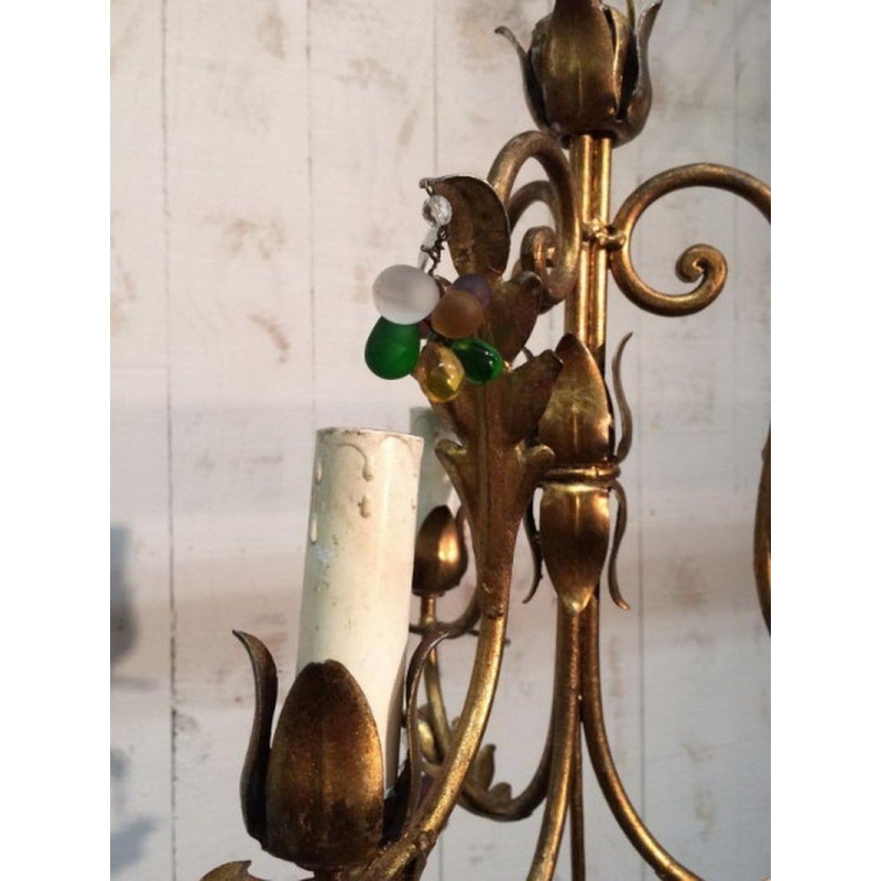 Pair of Gilt Chandeliers with Coloured Crystal Clusters. Circa 1960