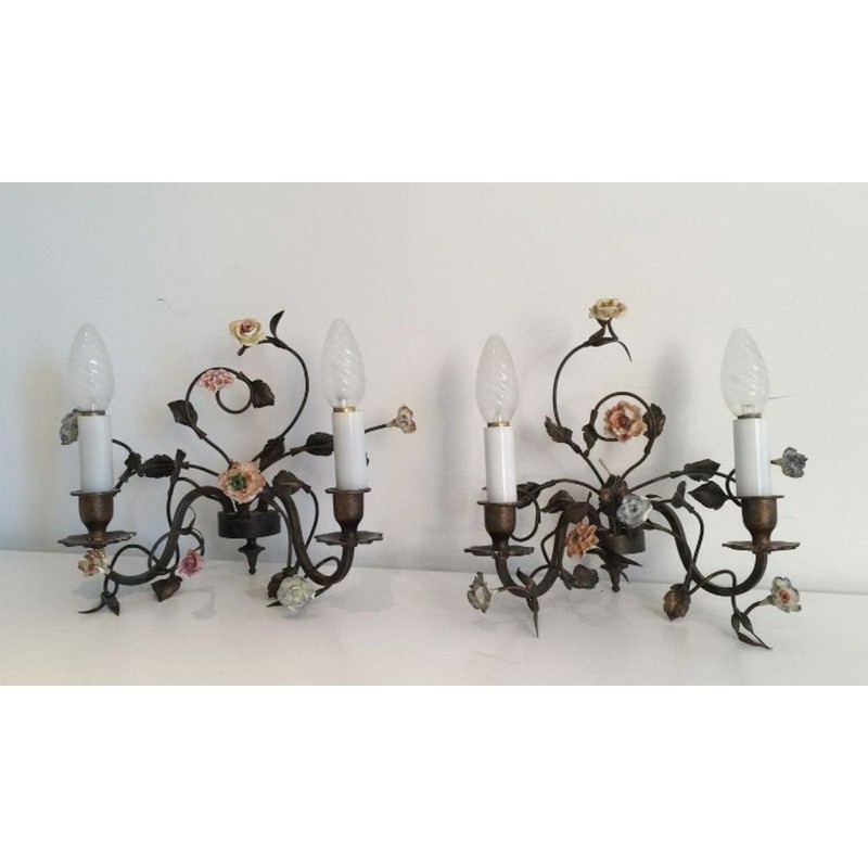 Pair of Bronze Wall Sconces with Porcelain Flowers. Circa 1920
