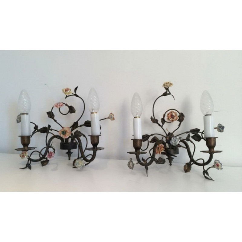 Pair of Bronze Wall Sconces with Porcelain Flowers. Circa 1920