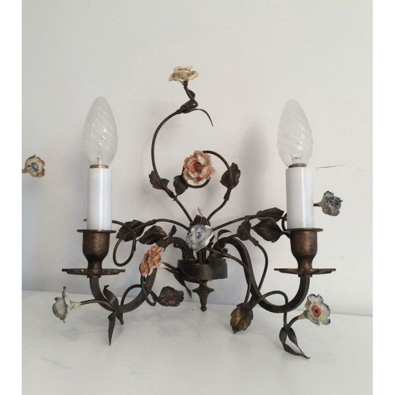 Pair of Bronze Wall Sconces with Porcelain Flowers. Circa 1920