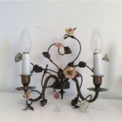 Pair of Bronze Wall Sconces with Porcelain Flowers. Circa 1920