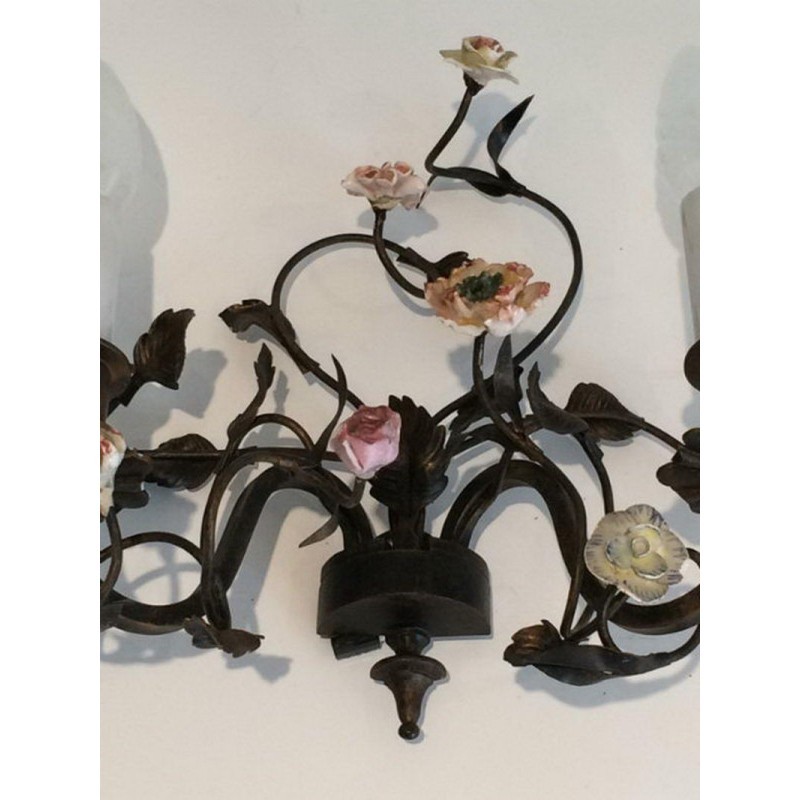 Pair of Bronze Wall Sconces with Porcelain Flowers. Circa 1920