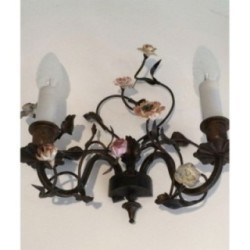 Pair of Bronze Wall Sconces with Porcelain Flowers. Circa 1920