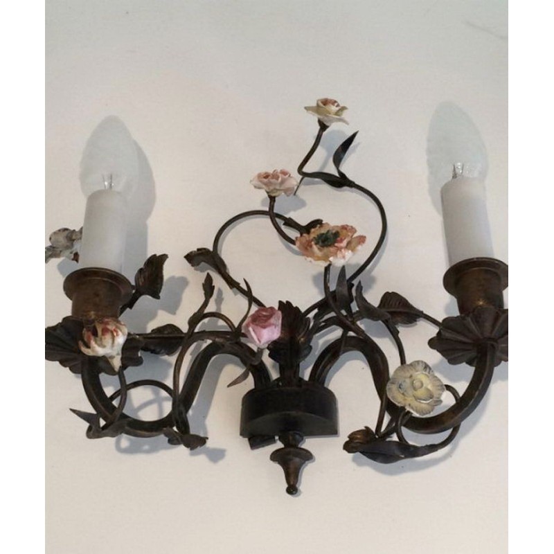 Pair of Bronze Wall Sconces with Porcelain Flowers. Circa 1920