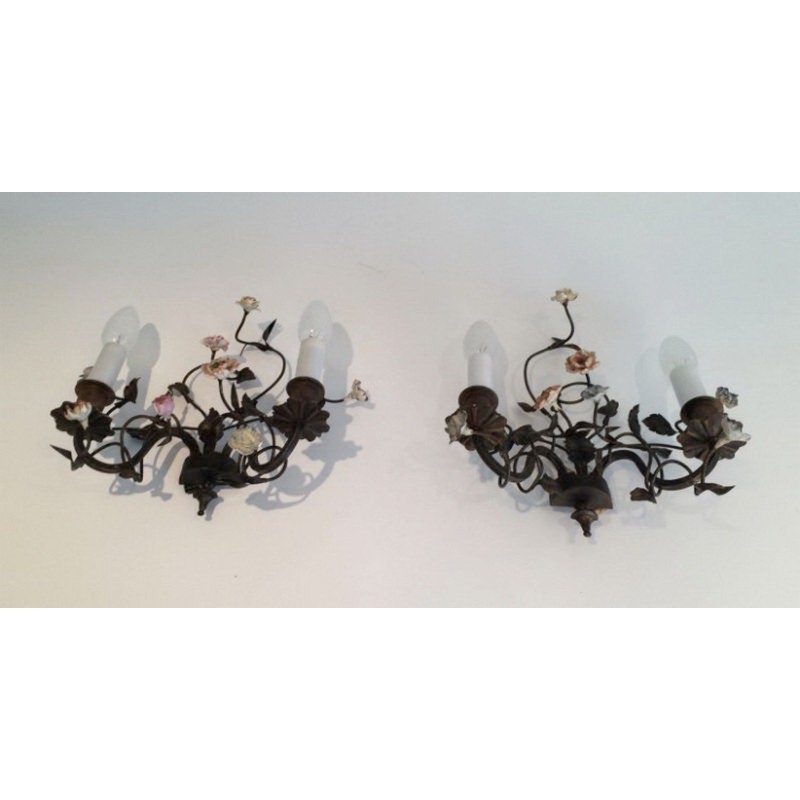 Pair of Bronze Wall Sconces with Porcelain Flowers. Circa 1920