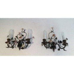 Pair of Bronze Wall Sconces with Porcelain Flowers. Circa 1920