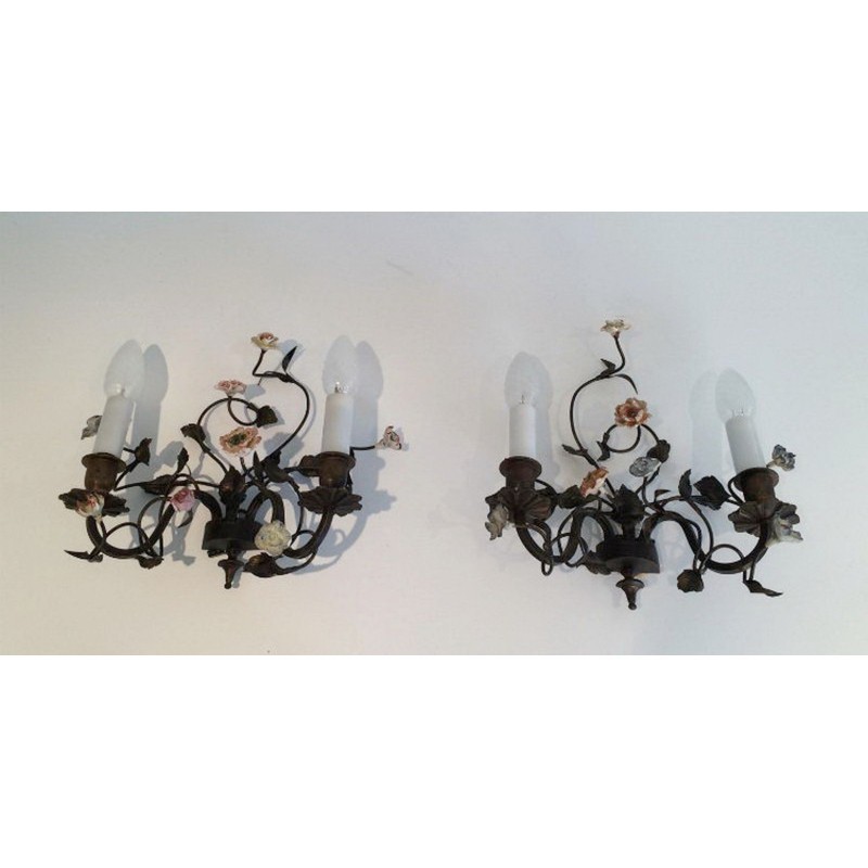 Pair of Bronze Wall Sconces with Porcelain Flowers. Circa 1920