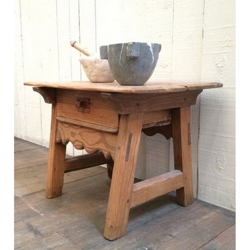 Small Spanish Pinewood Side Table with Drawer. Circa 1920