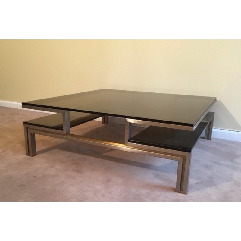 Brushed Steel and Brass Coffee Table by Guy Lefèvre for Maison Jansen. Circa 1970