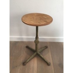 Industrial Steel and Wood Adjustable-Height Stool. Circa 1900
