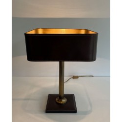 Brown Leather and Brass Desk Lamp, in the Style of Jacques Adnet, circa 1970