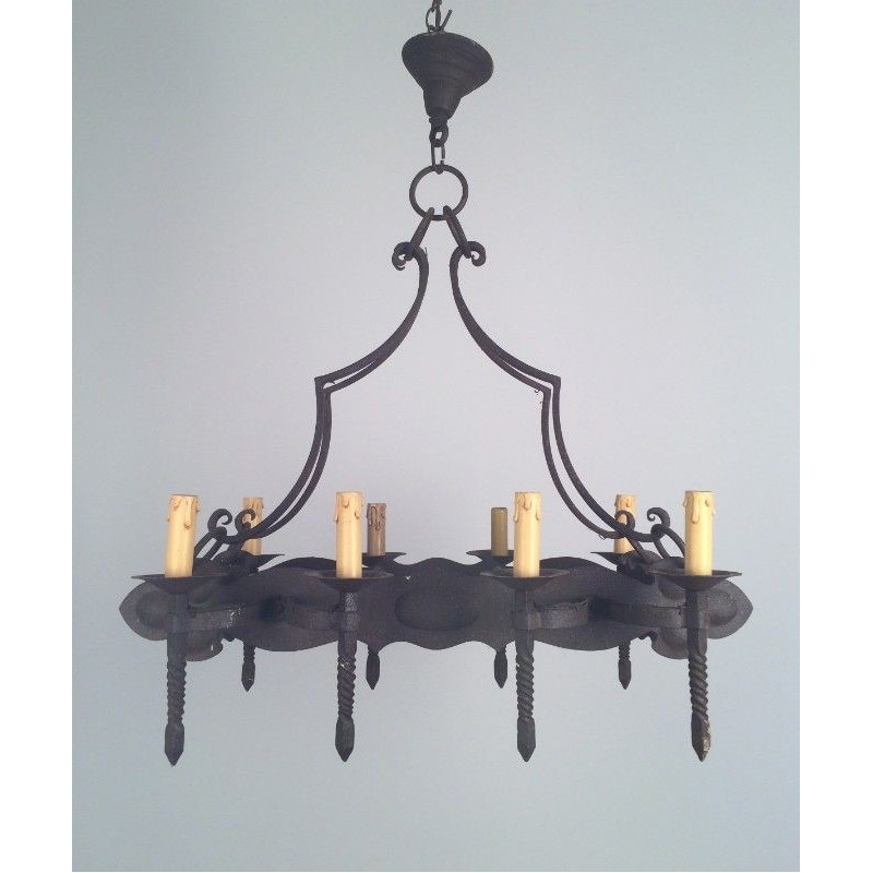 Wrought Iron Neo-Gothic Chandelier with 8 Lights. Circa 1950