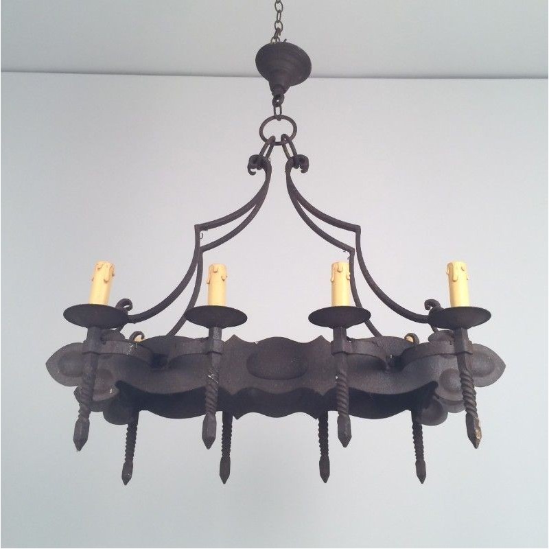 Wrought Iron Neo-Gothic Chandelier with 8 Lights. Circa 1950