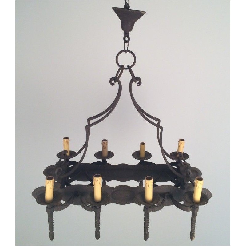 Wrought Iron Neo-Gothic Chandelier with 8 Lights. Circa 1950