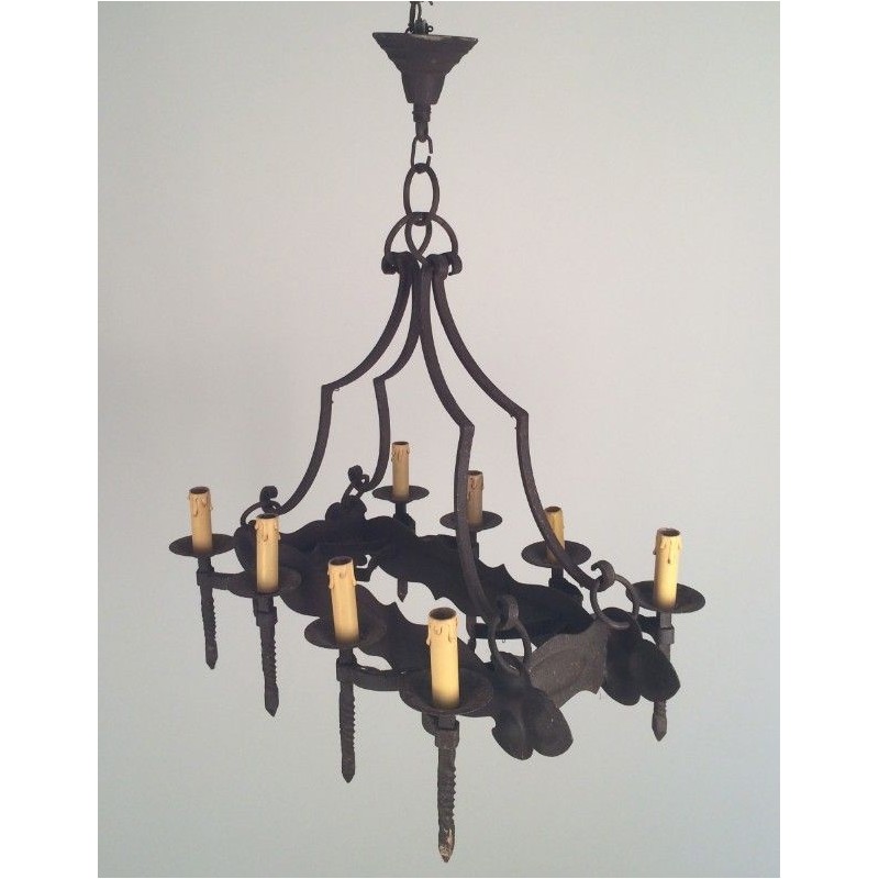 Wrought Iron Neo-Gothic Chandelier with 8 Lights. Circa 1950