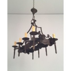 Wrought Iron Neo-Gothic Chandelier with 8 Lights. Circa 1950