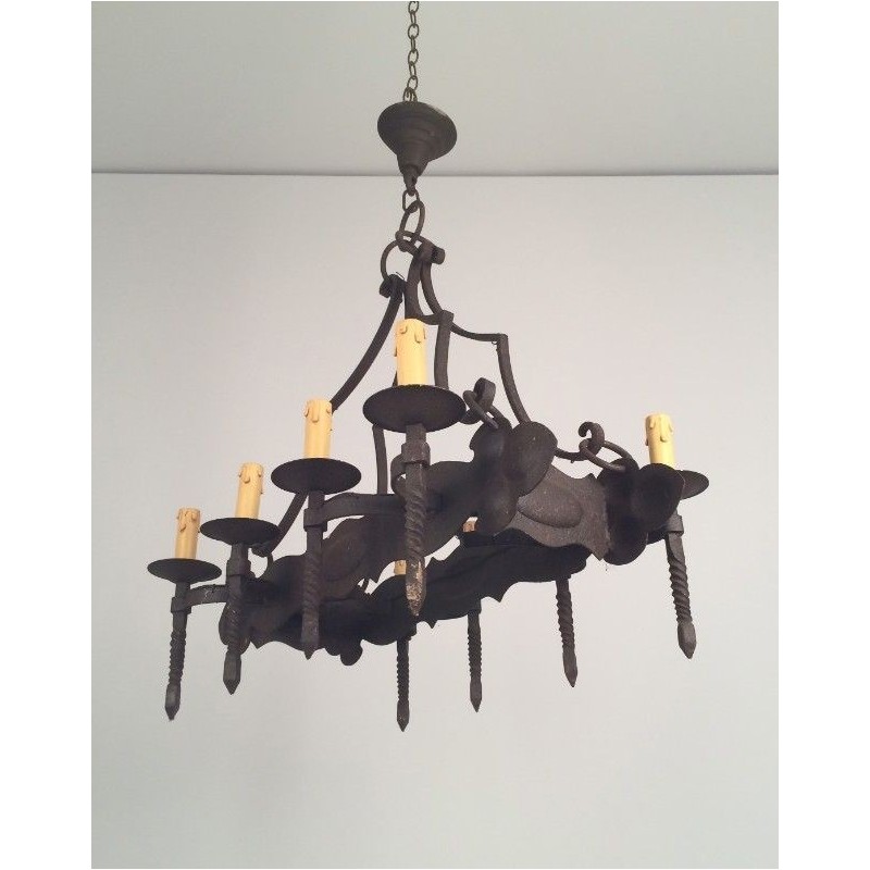 Wrought Iron Neo-Gothic Chandelier with 8 Lights. Circa 1950