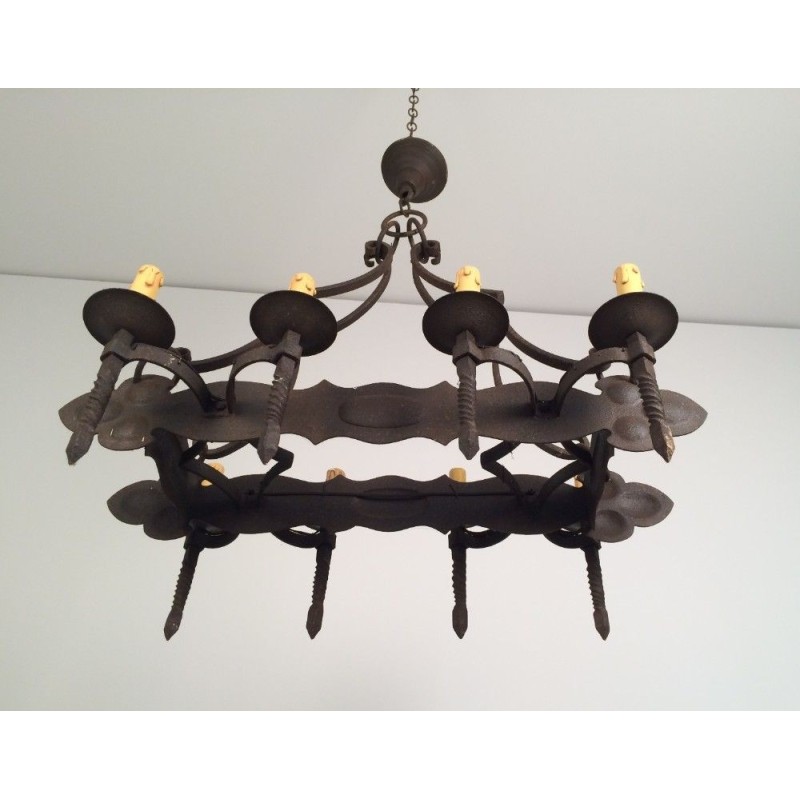 Wrought Iron Neo-Gothic Chandelier with 8 Lights. Circa 1950