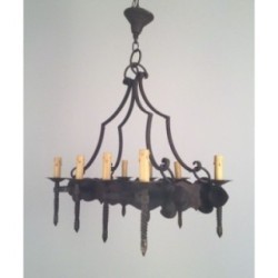 Wrought Iron Neo-Gothic Chandelier with 8 Lights. Circa 1950
