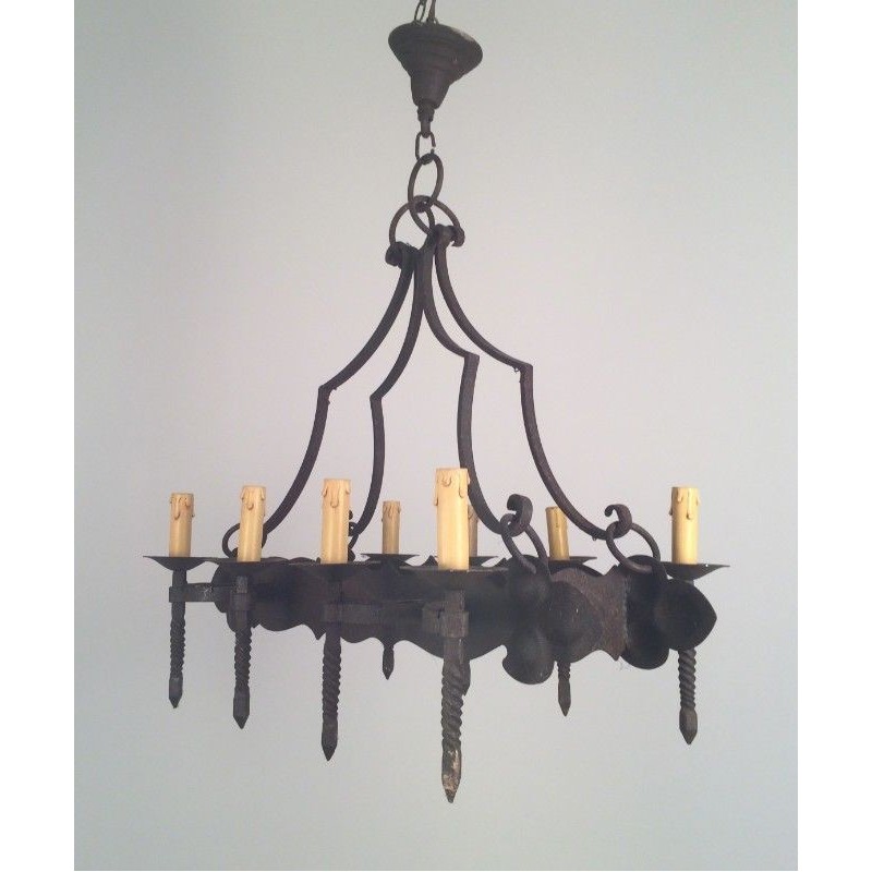 Wrought Iron Neo-Gothic Chandelier with 8 Lights. Circa 1950