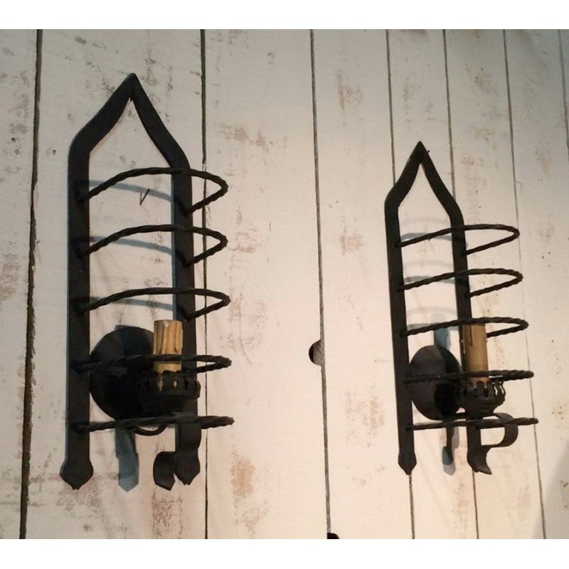 Pair of Cage Wall Sconces in Wrought Iron, Circa 1950