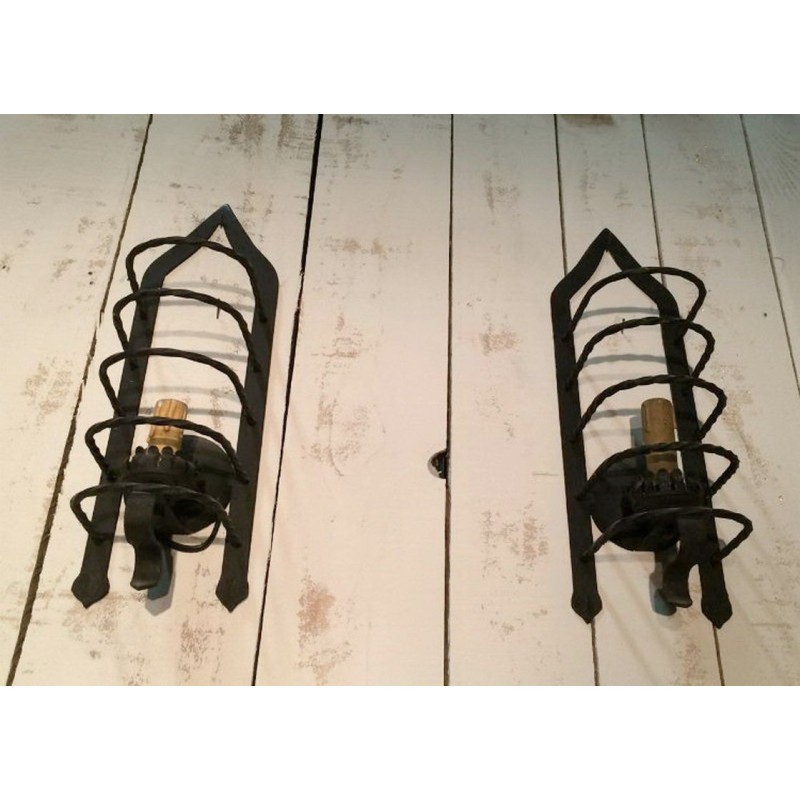 Pair of Cage Wall Sconces in Wrought Iron, Circa 1950