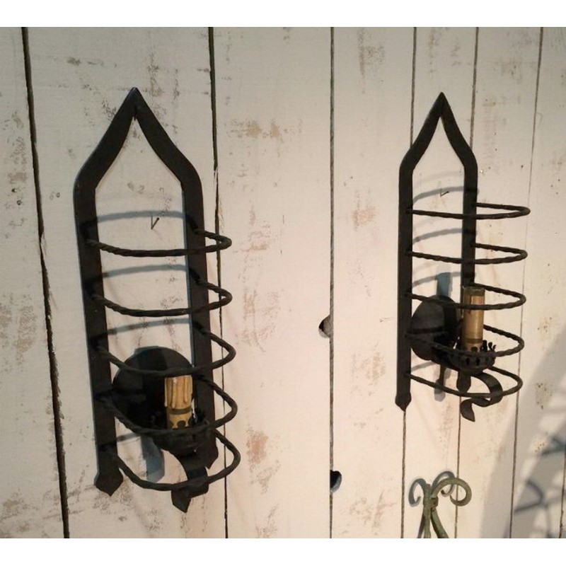Pair of Cage Wall Sconces in Wrought Iron, Circa 1950