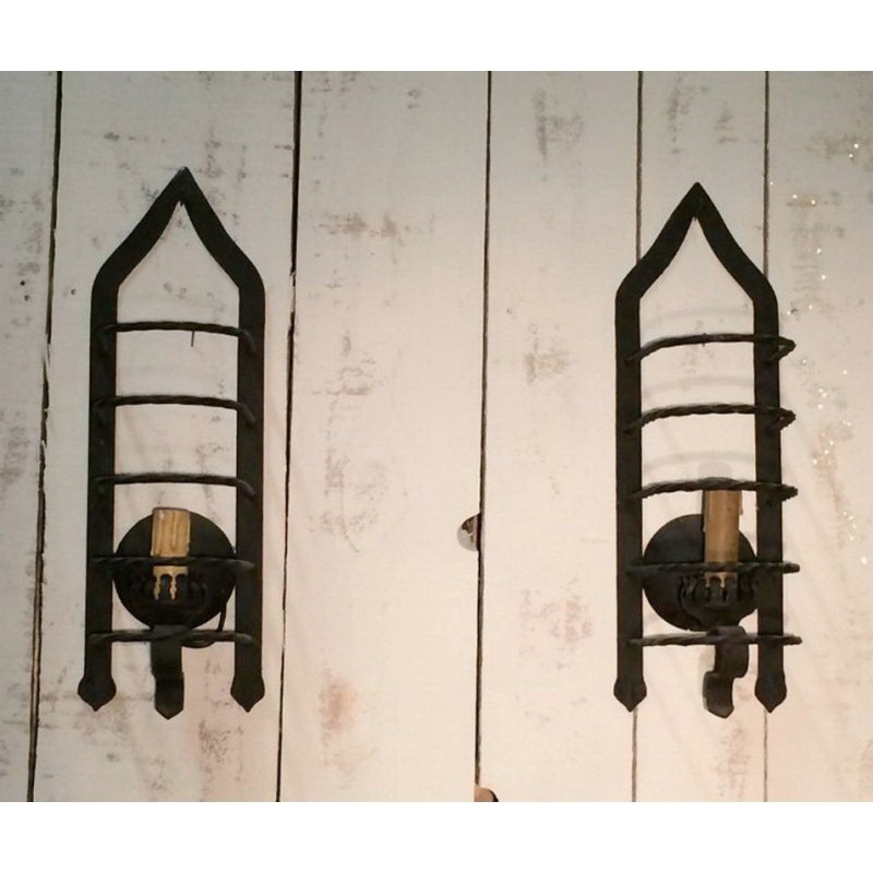 Pair of Cage Wall Sconces in Wrought Iron, Circa 1950
