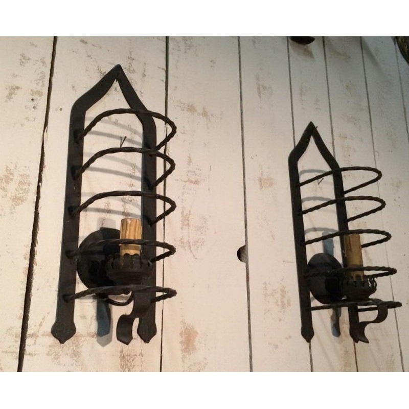 Pair of Cage Wall Sconces in Wrought Iron, Circa 1950