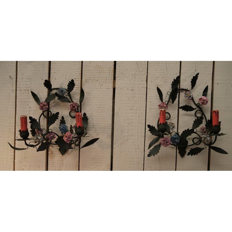 Pair of Decorative Wall Sconces with Porcelain Flowers, circa 1970