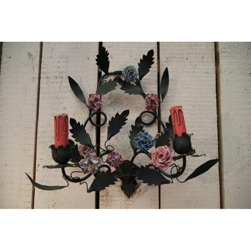 Pair of Decorative Wall Sconces with Porcelain Flowers, circa 1970