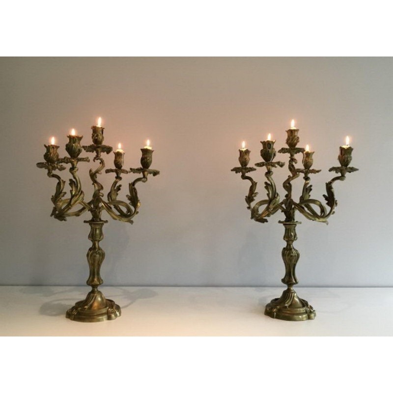 Pair of Bronze Candelabras with 5 Light Arms, Circa 1900
