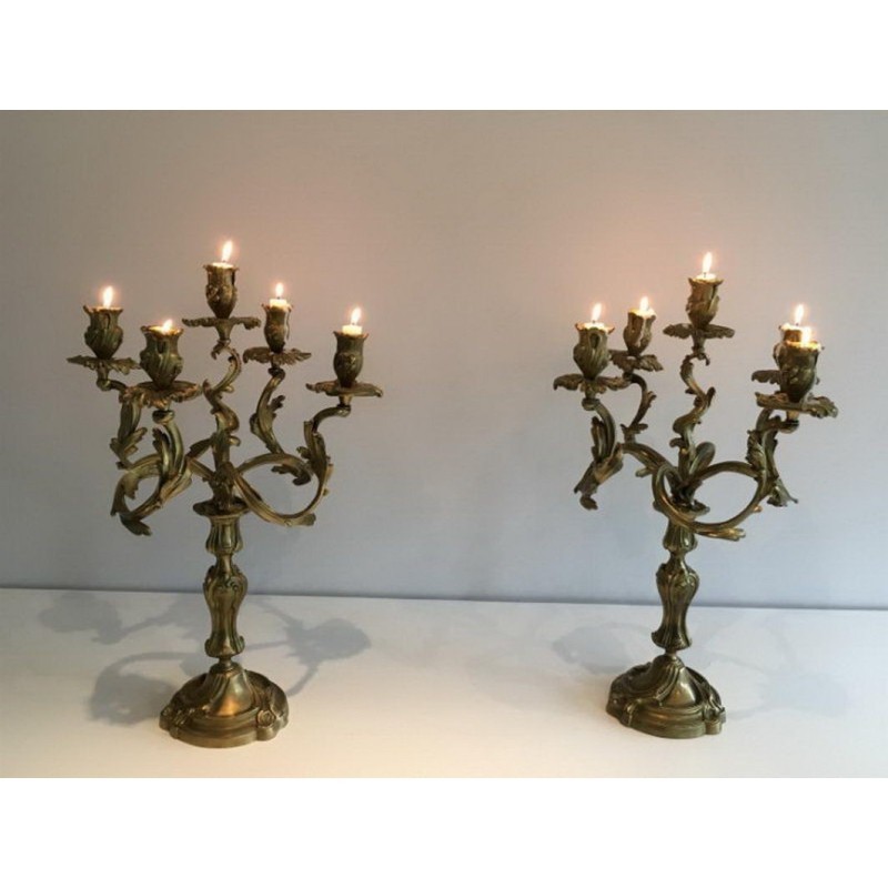 Pair of Bronze Candelabras with 5 Light Arms, Circa 1900