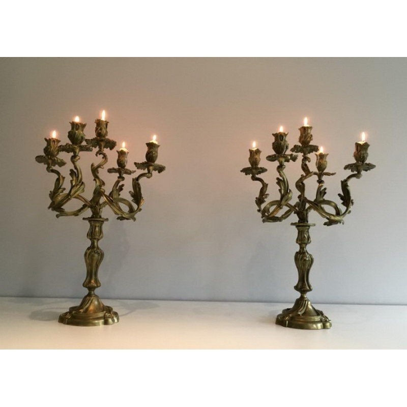 Pair of Bronze Candelabras with 5 Light Arms, Circa 1900
